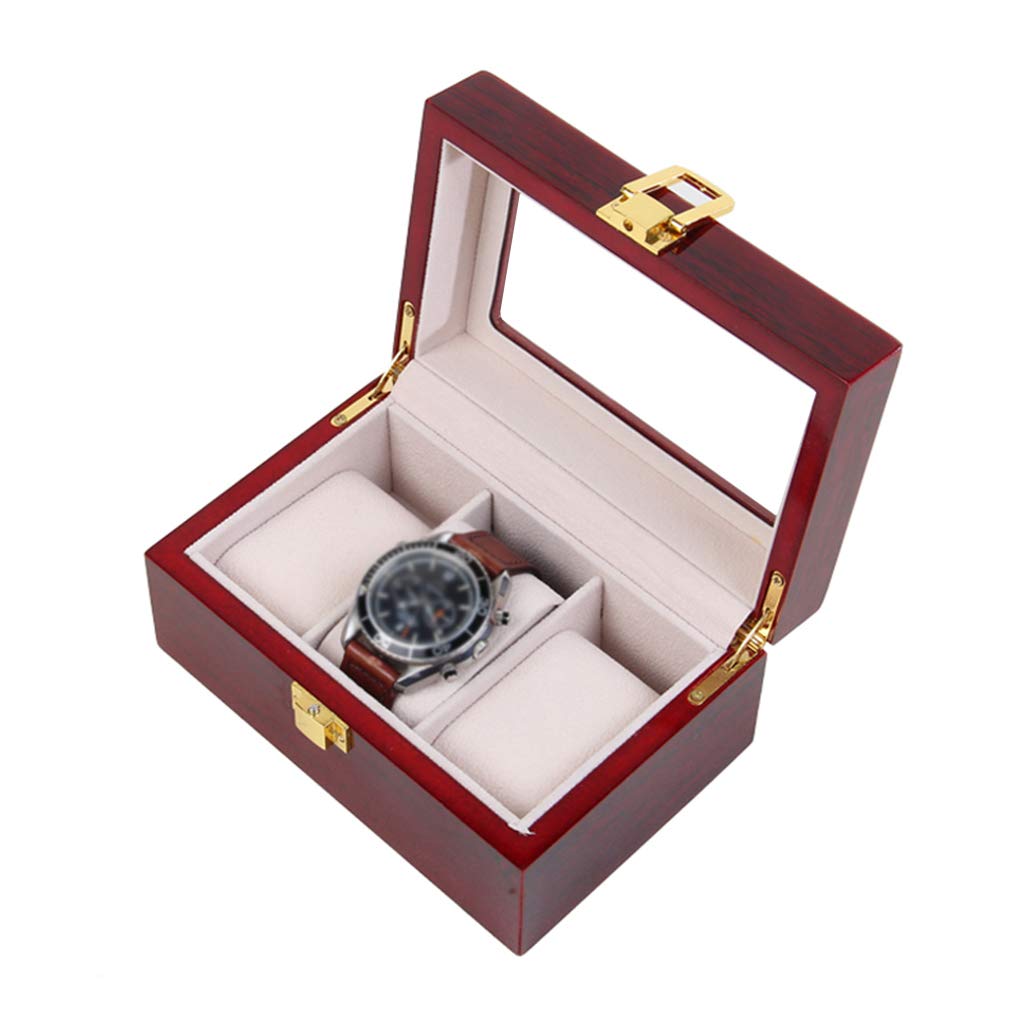 MUSUMI Caja de 3 relojes Organizador de joyas de lujo Caja de exhibición de reloj de Madera con tapa de vidrio y 3 almohadas de almacenamiento de extracción, cierre de Metal con cerradura