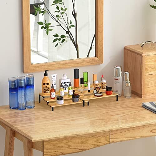 Cabinet Spice Rack Shelf Organiser 3 Tier Extendable Spice Holder Free Standing kitchen cabinet organiser spice stand Bamboo for Kitchen Pantry Cabinets, Natural and Black Set of 2