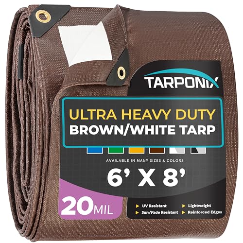 Tarponix 6' x 8' Ultra Heavy Duty Tarp – 20 Mil Brown/White Waterproof Outdoor Cover, UV Protection, Reinforced Corners, Ideal for Camping, Tent, and Outdoor Use