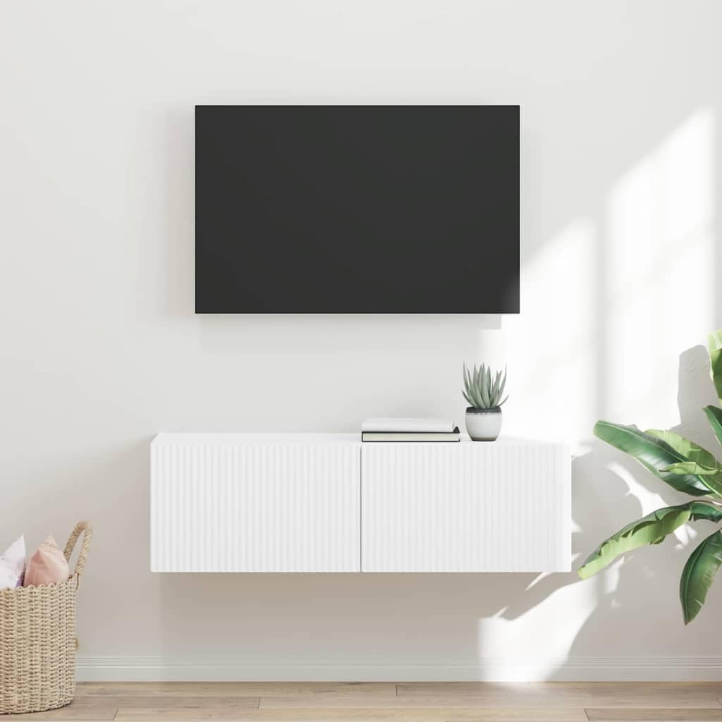 Nowoczesna szafka ścienna pod telewizor biała, 98 x 31 x 29,5 cm, materiał drewnopochodny, unoszące się centrum rozrywki do salonu, sypialni, minimalistyczny design