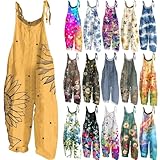 Summer Plus Size Floral Boho Bib Cotton Linen Overalls for Women 2025 Hippie Jumpsuits Print Spaghetti Strap Rompers, 04-yellow, 4X-Large