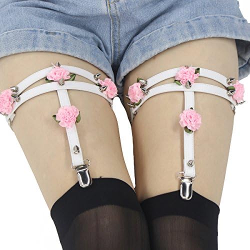 NE Norboe One Line Leg Harness Plus Size Handmade Flowers Punk Rock Goth Stud Rivets Leather Leg Garter Belt for Women