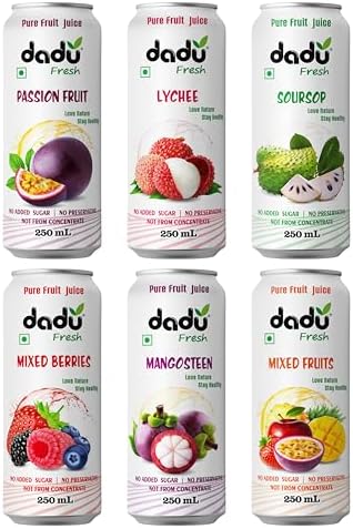 Dadu Fresh Fruit Juice Combo Pack | Pure Natural Healthy Beverage | No Added Sugar, No Preservatives | Soursop, Passion Fruit, Mixed Fruit, Lychee, Mixed Berries, Mangosteen | 6 Cans x 250ml (1500ml)