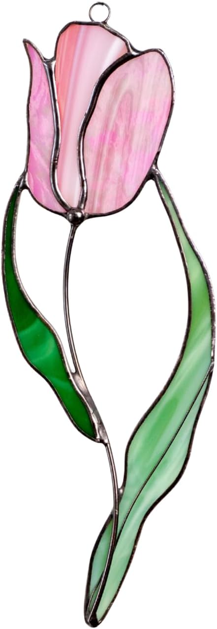 Pink Tulip Handmade Stained Glass Suncatcher Stained Glass Window Hangings Unique Indoor Ornament & Outdoor Decor