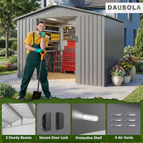 Image of DAUSOLA 8x6 FT Outdoor Storage Shed, Metal Garden Tool Shed with Updated Frame Structure and Lockable Doors, Ideal for Backyard Garden Patio Lawn, Grey