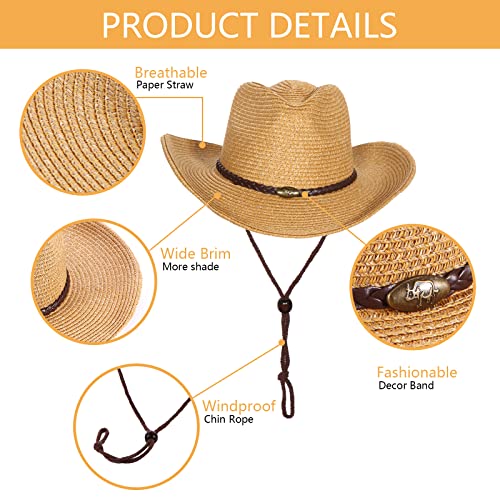 Western Cowboy Hat With String For Women Men Foldable Summer Sun Protection Straw Beach Hats With Wide Brim Khaki #TOP2