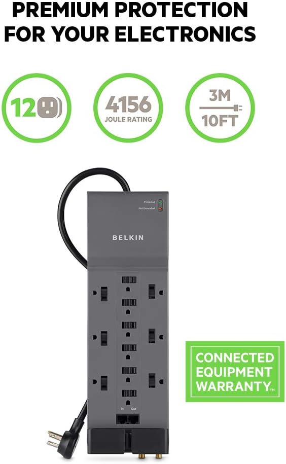 Belkin Power Strip Surge Protector with 12 AC Multiple Outlets, 10 ft Long Flat Plug Heavy Duty Extension Cord for Home, Office, Travel, Computer Desktop, Laptop & Phone Charging Bricks (4,156 Joules) : Electronics