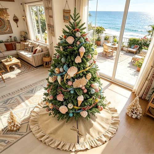 yuboo 48 Inch Burlap Christmas Tree Skirt with Ruffle Border, Large Rustic Farmhouse Tree Skirt for Holiday Decor, Natural Jute Linen Tree Mat for 5 ft to 7 ft Trees — view 3