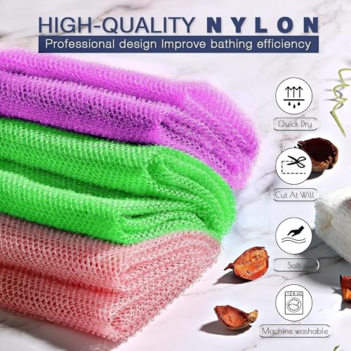 Image of UJFQBH 3 Pieces African Bath Sponge African Net Long Net Bath Sponge Exfoliating Shower Body Scrubber Back Scrubber Skin Smoother,Great for Daily Use (Purple, Pink,Green)
