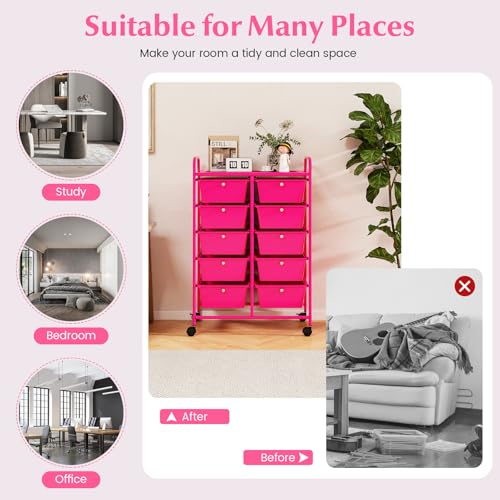 Image of LDAILY 10 Drawer Rolling Cart, Storage Cart Organizer on Wheels, Drawer Cart with Metal Frame & Large Storage Capacity, Rolling Cart with Drawers for Living Room Classroom, Office