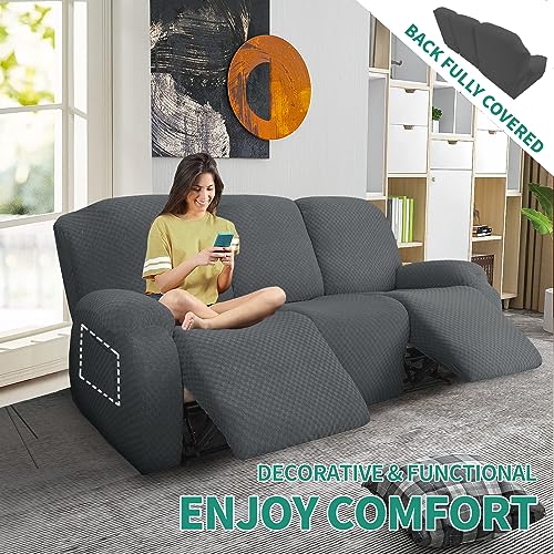 Image of YEMYHOM 8 Pieces Stretch Recliner Sofa Cover Jacquard Reclining Couch Cover with Side Pocket Anti-Slip Fitted 3 Cushion Furniture Slipcovers with Elastic Bottom (Sofa Recliner, Dark Gray)