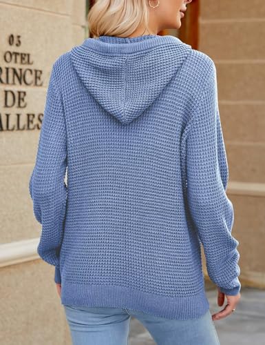Image of CiCiBird Women's Fall Hoodies Sweater V Neck Waffle Knit Top with Pocket | Loose Fit, V Neck Button, Adjustable Drawstring, Long Sleeve, Kangaroo Pocket, Weekend Errands, Daily Wear, Work Casual