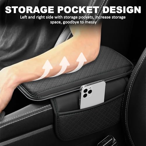 vvag Armrest Cover for Car, Upgraded Leather Car Center Console Cover with 2 Storage Bags, Universal Breathable Sponge Car Middle Console Cover Car Interior Accessories for Most Vehicles (Black)