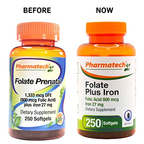 Pharmatech Folic Acid Supplement, Folate Prenatal, Folic Acid 800 Mcg Plus Iron 27 Mg, Vitamin B9, Prenatal Folic Acid, Fast Absorption, 250 Softgels #TOP1
