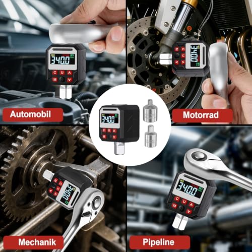 HISUEKIG Digitaler Drehmomentadapter, 1/2 Zoll Digital Drehmomentschlüssel mit ±2% Genauigkeit, Voreingestellter, LED Anzeige, Summer, 3/8\ und 1/4\ Adapter für Fahrrad, Motorrad, Auto (17-340Nm)