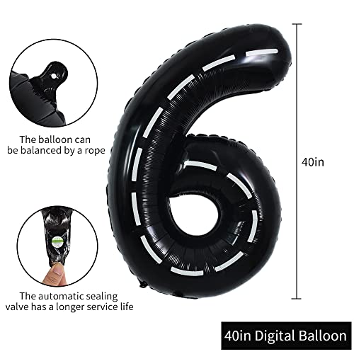 Image of TONIFUL Race Car Black Balloons Car Birthday Party Supplies,40 Inch Giant Jumbo Helium Foil Mylar Big Number 6 Digital 6 Balloons for Boy's Birthday Party Truck Race Car Theme Party Decorations | 6th 16th 26th Race Car Birthday Party Supplies Foil Black 6 Balloon for Boys Men Fast Checkered Flag Party Decor
