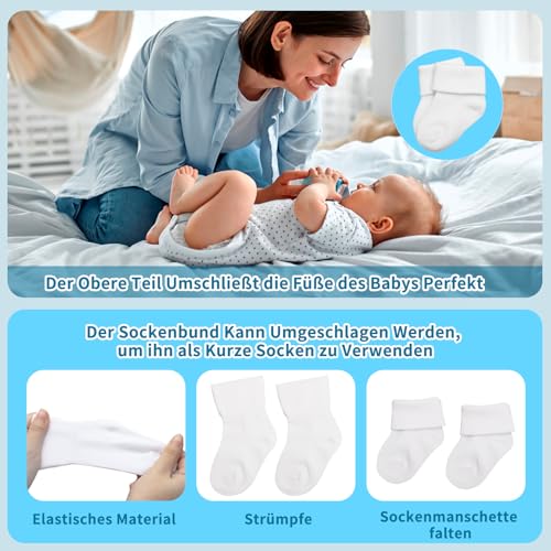 VOSSOT 8 Paar Baby Sneaker Socken, mit einer Babymütze, Erstlingssocken für Neugeborene, Ankle Socks, Unisex Kleinkind Weiß Baby Socken, Babysocken 0-6 Monate, Newborn Set, Jungen Mädchen Söckchen
