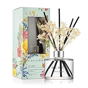 COCODOR Flower Reed Diffuser Set / 6.7oz / White Jasmine/Scent Diffuser with Sticks Home Fragrance Reed Diffuser for Bathroom Shelf Decor