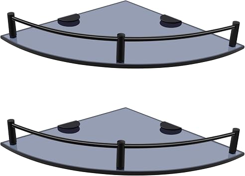 Glass Bathroom Shelves - Set of 2 Corner Shelves with Rail, Floating Glass Shelves for Bathroom, Kitchen, Living Room Black