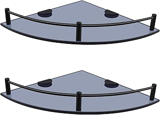 Glass Bathroom Shelves, Set of 2 Glass Corner Shelf Wall Mount, Shower Corner Shelves with Rail, Floating Glass Shelves for Bathroom Kitchen Livingroom (Black)