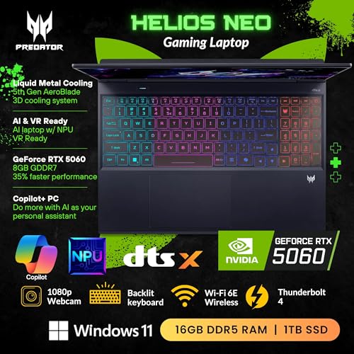 Image of Acer Predator Helios Neo 16S AI Gaming Laptop, 16 240Hz 2.5K OLED, Intel Core Ultra 9 275HX, NVIDIA GeForce RTX 5060, VR Ready, Copilot, Liquid Cooling, Black, Windows 11 Home(16GB DDR5 RAM | 1TB SSD)