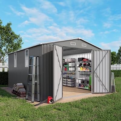 Vigo huseeo 10x12x6.7FT Outdoor Storage Shed, Galvanized Steel Garden Shed with Lockable Door & Window, Waterproof Metal Tool Storage for Garden, Backyard, Patio, Lawn(Grey)