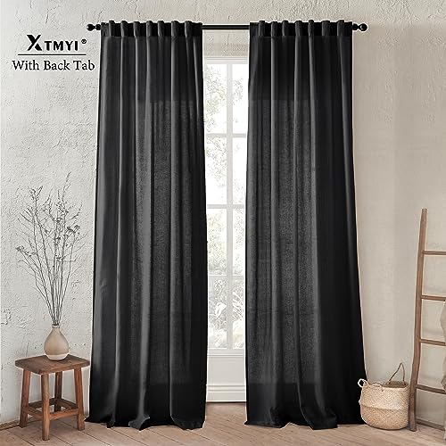 Image of XTMYI Black Curtains 96 Inches Long for Bedroom 2 Panels Linen Sheer Lace Farmhouse Boho Gothic Curtain Drapes for Living Room Home Decor