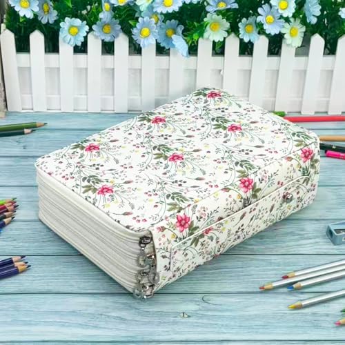 Image of YOUNGCOL 200 Slots Colored Pencil Case Color Pencil Organizer Storage Large Capacity Pencil Case (White + Floral)
