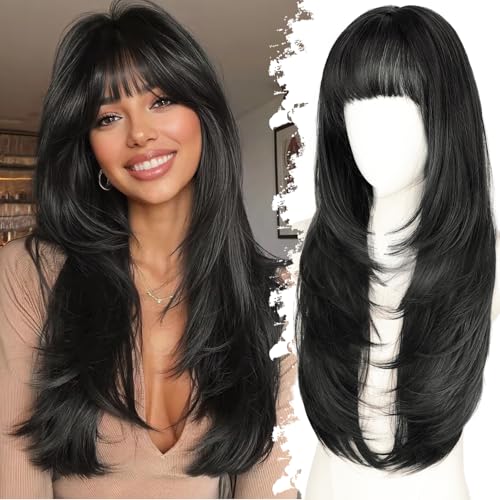 Eawwii Long Black Wig with Bangs for Women, 4x4 Realistic