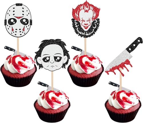 24 unidades de decoración para tartas de Halloween, película de terror, cupcakes, terror, cuchillo sangriento, decoración para Halloween, terror, personajes de película clásicos, temática de