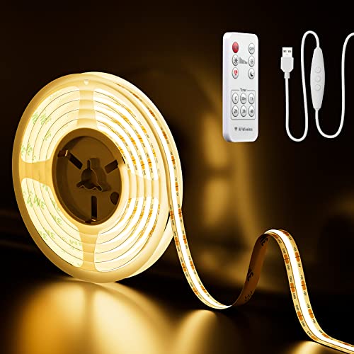 PAUTIX Tira de LED USB COB 5V blanco cálido 2M con remoto RF, 640LEDs 2700K Tira de luces LED COB regulable CRI90+ Retroiluminación de TV, iluminación de bricolaje para el hogar
