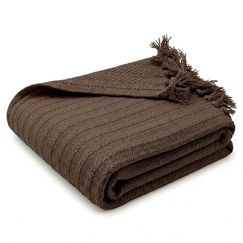 Olivia Rocco Cable Knit Throw Blanket 100% Cotton Soft Warm Knitted Throws for Sofas Couch Bed with Tassel Design 120 x 150 cm Dark Brown