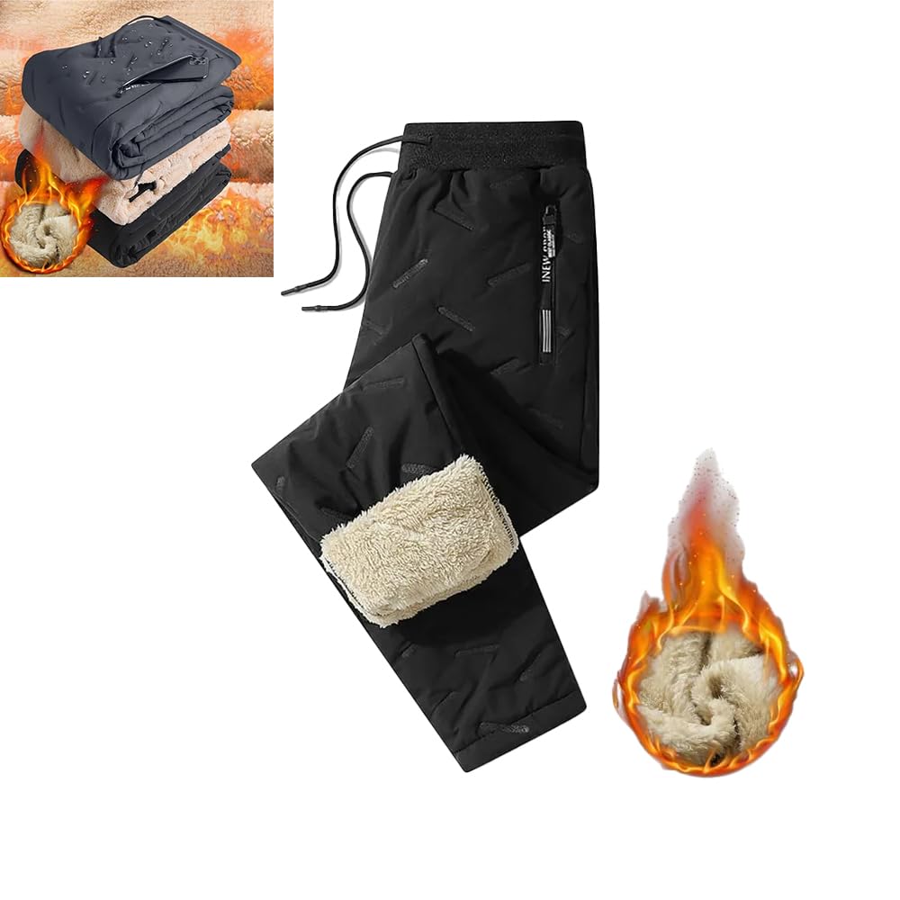 Pantaloni impermeabili foderati in pile da uomo e da donna,pantaloni termici invernali in lana d'agnello pantaloni casual pantaloni impermeabili antivento in cotone caldo (Black-a,Large)