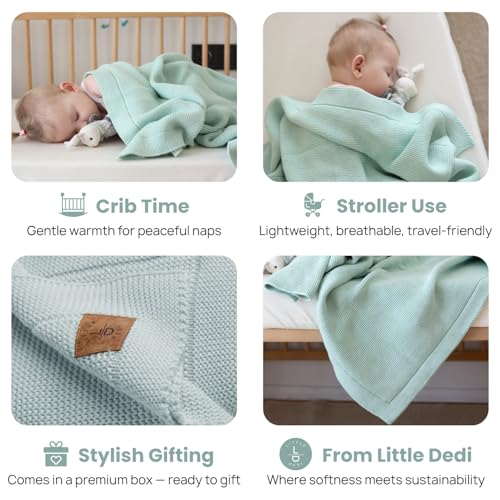 Image of 100% Organic Cotton Baby Knitted Blanket with Gift Box - Soft Toddler, Crib, Stroller Blanket - Neutral Swaddle and Receiving Blanket for Newborns, 30 inchx40 inch, Sage