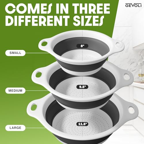 Gevoli Collapsible Colanders (3 Pack Set) Food Strainers with Over-Sink Water Draining Base for Pasta Fruits and Vegetables (Patent Pending) White (3 Sizes, 3QT, 4QT and 5 Quart) - Image 4