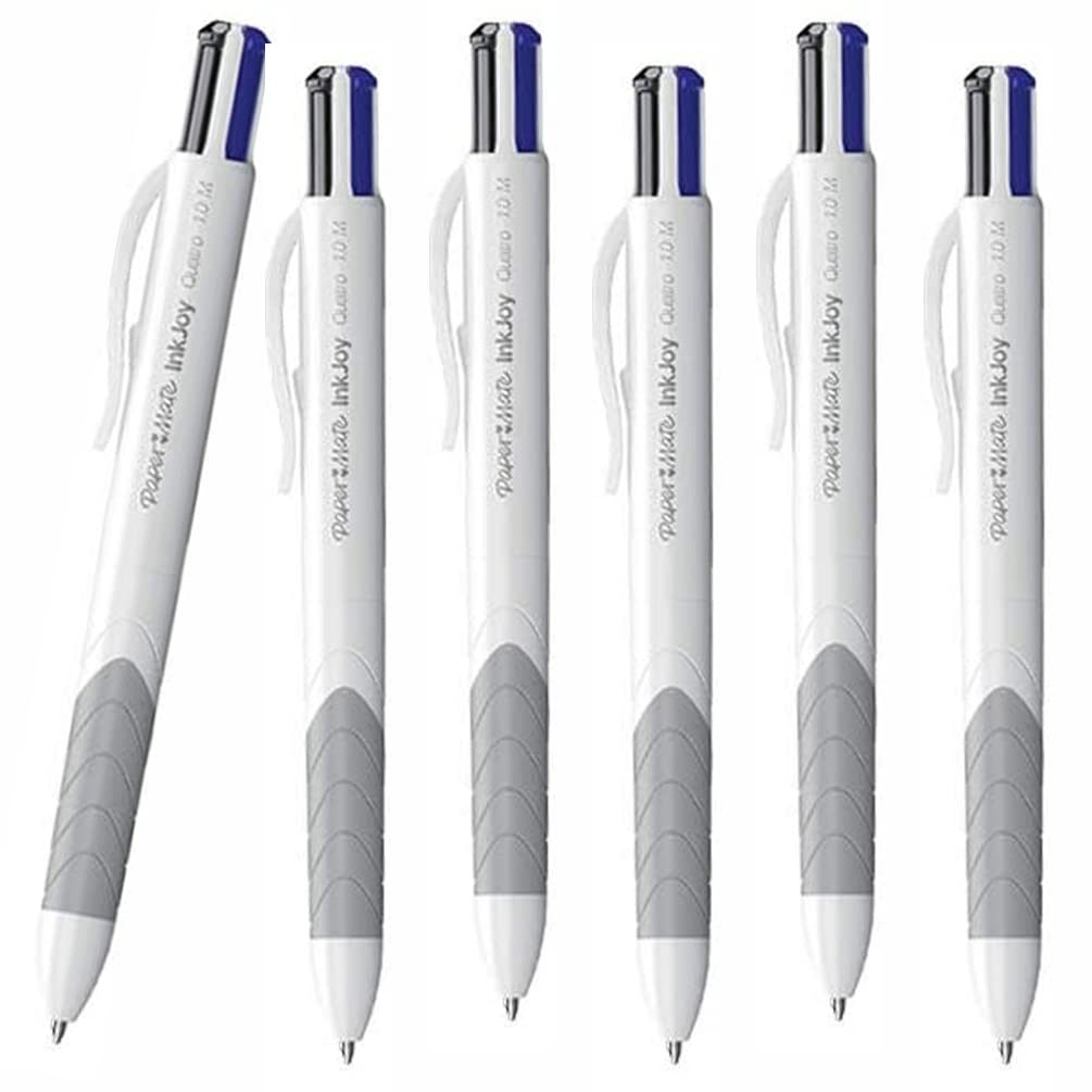 6 x PaperMate InkJoy Quatro Retractable Ballpoint Pens | 1.0mm Medium Point | 4 Business Ink Colours include; Black, Blue, Red & Green | White Barrel with Grey Grip | Loose in Plain Packaging