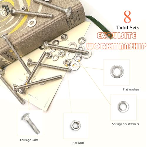 Image of 8 Sets 1 /4 inch-20 x3 Carriage Bolts Round Head Square Neck Screws with Hex Nuts Flat Washers Spring Lock Washers 304 Stainless Steel Full Thread Coverage Square Neck Bolts Assortment Kit