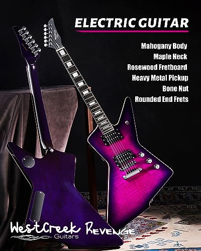 WestCreek Revenge Solid Body Electric Guitar, Heavy Metal Guitar, Right Handed, Alnico Humbucker Pickups, Rounded End Jumbo Frets, Bone nut, Rosewood Fretboard, Mahogany Body Purple - Image 3