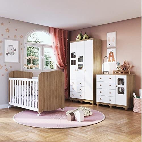 Quarto de Bebê Completo com Guarda Roupa 3 Portas Cômoda com Janela e 1 Berço Mimo Espresso Móveis