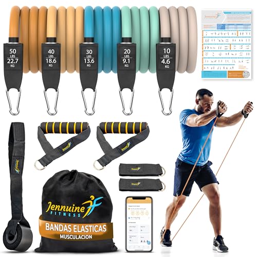 Jennuine Fitness Resistance Bands Set with Handles & Ankle Straps - Exercise Bands for Working Out with 150lb Total Resistance - Strong TPE Home Gym Equipment with Carry Bag & Fitness App Access