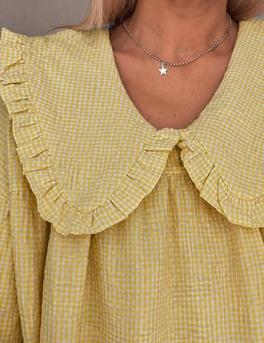Image of Ynhonra Women's Gingham Mini Dress 3 /4 Puff Sleeve Babydoll Doll Collar
