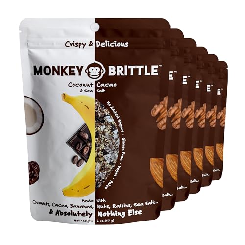 Monkey Brittle Healthy Snacks, Crispy Plant-Based Treats for Kids & Adults, Vegan & Gluten-Free, All-Natural Snack for School, Sports, Camping & On-the-Go (Pack of 6), Cacao Coconut