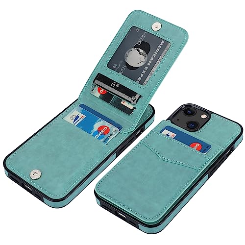 Image of KIHUWEY Compatible with iPhone 13 Case Wallet with Credit Card Holder, Premium Leather Magnetic Clasp Kickstand Heavy Duty Protective Cover for iPhone 13 6.1 inch (Mint Green)