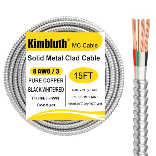Image of 8 /3 Metal Clad (MC) Cable with Ground 15ft, 8 Gauge Electric Wire with Aluminum Armor, Solid Bare Copper Conductors for Indoor Outdoor Underground Embedded Installation (8 /3, 15 FT)
