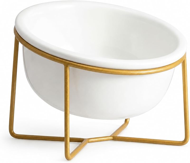 Comedouro elevado inclinado de cerâmica branca com suporte de ferro dourado HCHLQLZ 480 mL