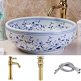 Blue and White Porcelain Vessel Sink with Gold Faucet and Drain Combo for Bathroom