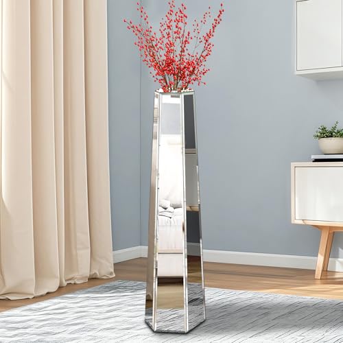 30" Tall Mirrored Floor Vase, Silver Big Vases for Decor Living Room, Home Decorative Vases for Dried Flower