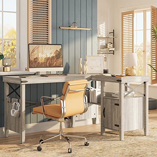 Bestier L-Shaped Home Office Computer Desk With Storage Cabinet & Bookshelf, Farmhouse Office Table For Writing Study, 60 X 42 Inch Corner Desk Or 82.3 Inch 2 Person Long Desk With Shelves, White Wash #TOP16