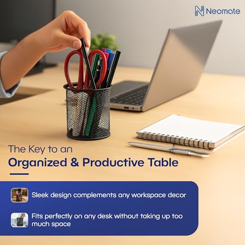 Image of Neomate Metal Mesh Pencil Holder | Round Pen Cups For Stationery Desk Organizer | 4 Pcs Set | Wire Makeup Brush Holders, Classroom & Office Supplies-4, Black