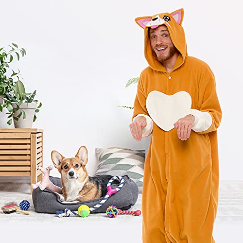 Silver Lilly Unisex Adult Pajamas - Plush One Piece Cosplay Corgi Animal Costume, Brown, Xl #TOP1